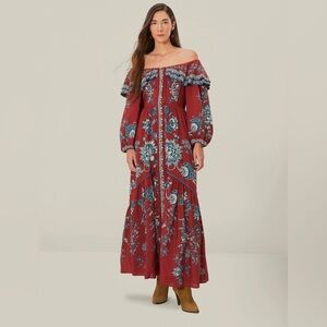 New Farm Rio Long-Sleeve Off-The-Shoulder Ruffled Maxi Dress Size XS NWT